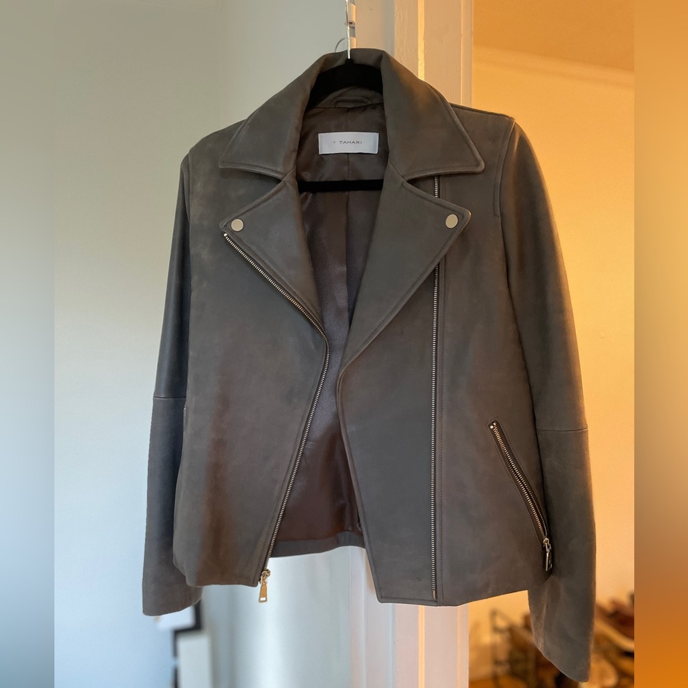 T Tahari leather moto jacket. Size XS. Like new. Color: Gray.